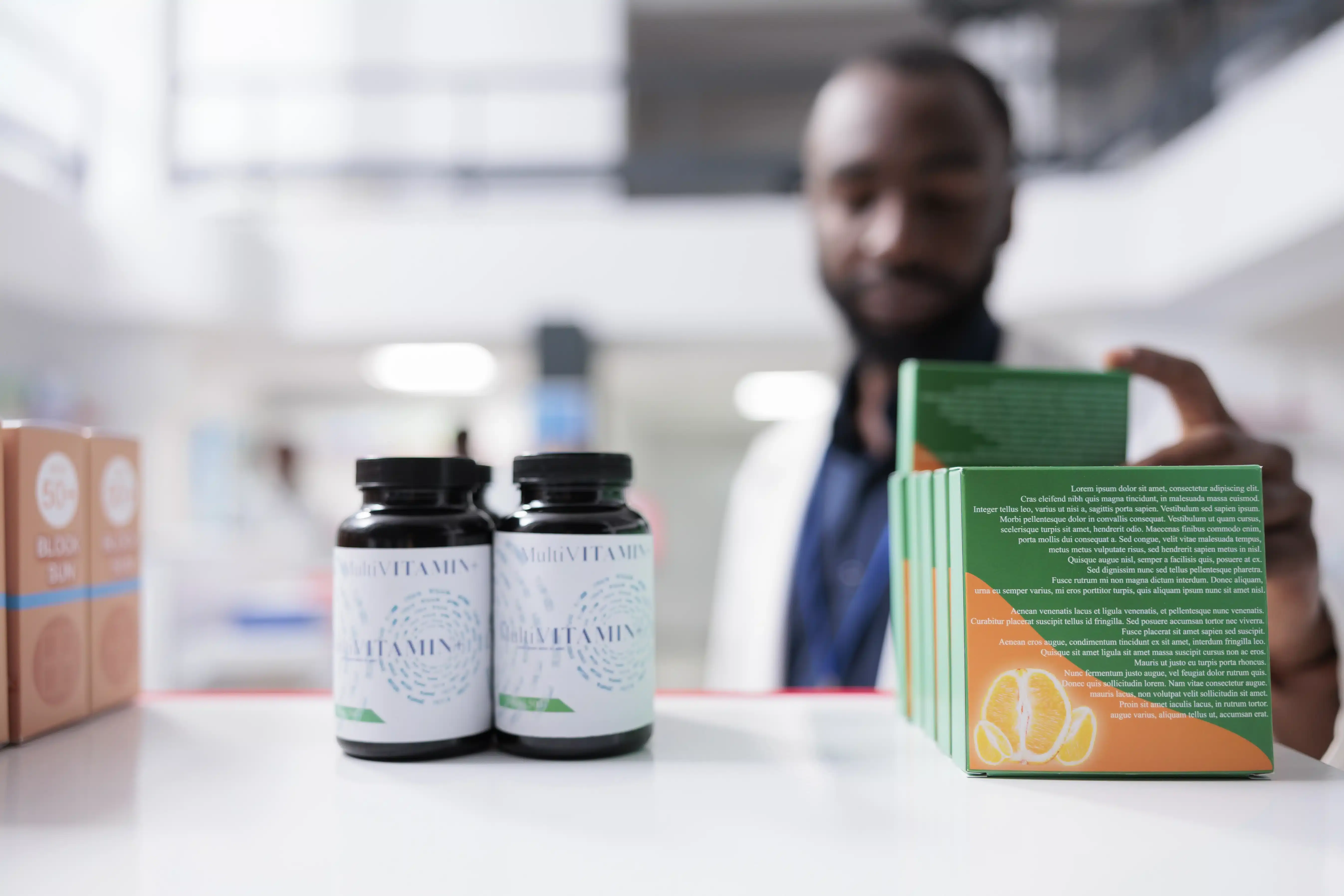Pharmacist Selecting Vitamin Supplements on Pharmacy Shelf